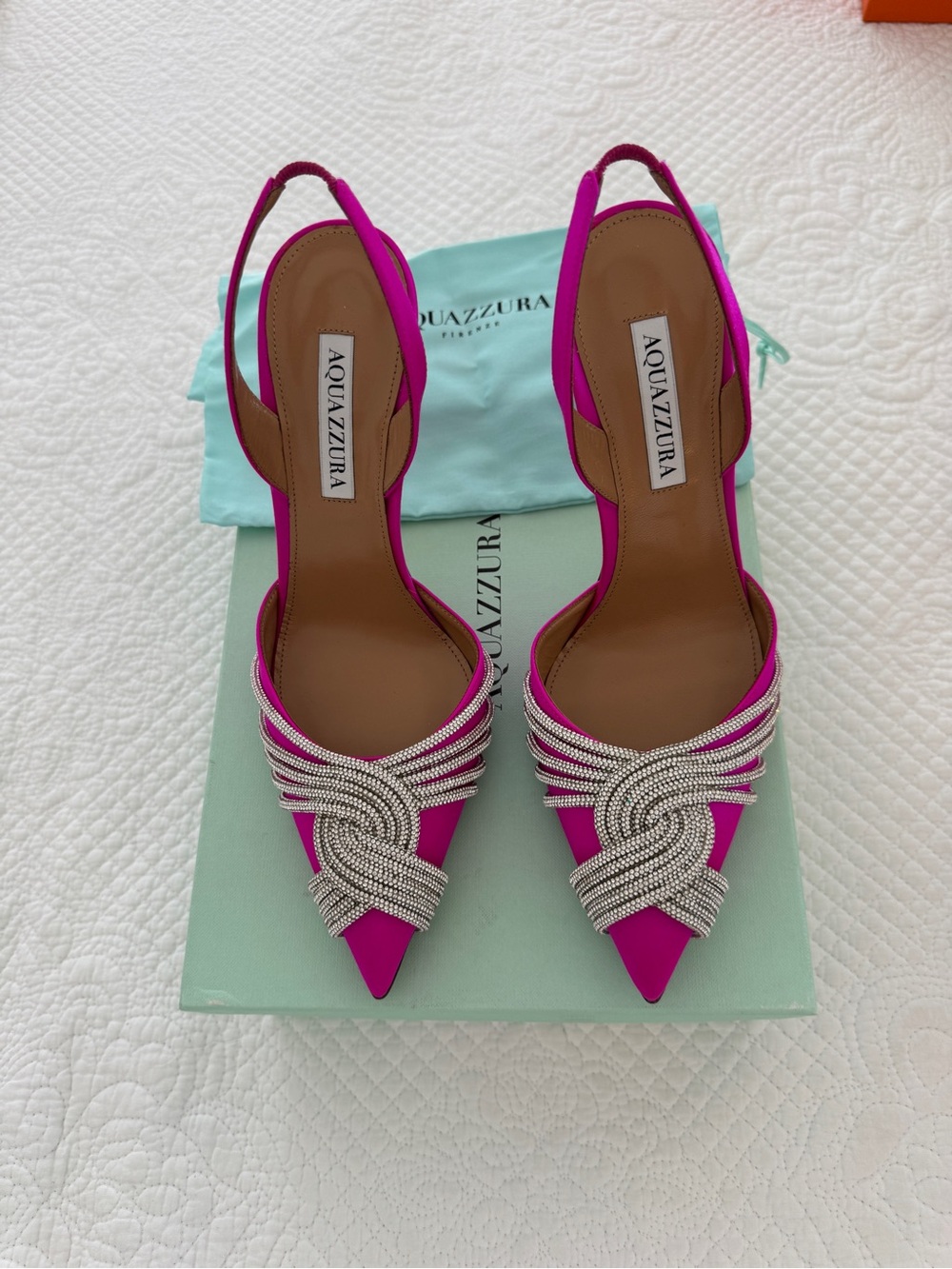 Aquazzura Fuchsia Crystal-Knot Slingback Pointed-Toe Pumps